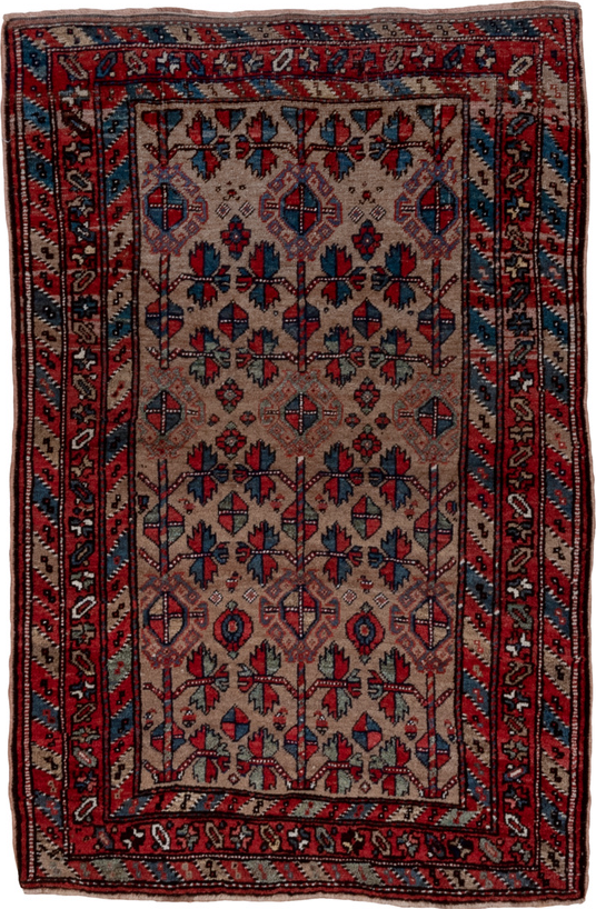 3' x 5' one-of-a-kind handmade vintage Kurd small size rug. Color palette: black, blue, brown, charcoal, gray, pink, red
