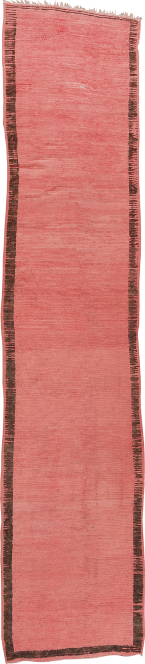 3' x 13' one-of-a-kind handmade vintage Rag Rug runner rug. Color palette: brown, indian red, off-white, pink, red, redwood