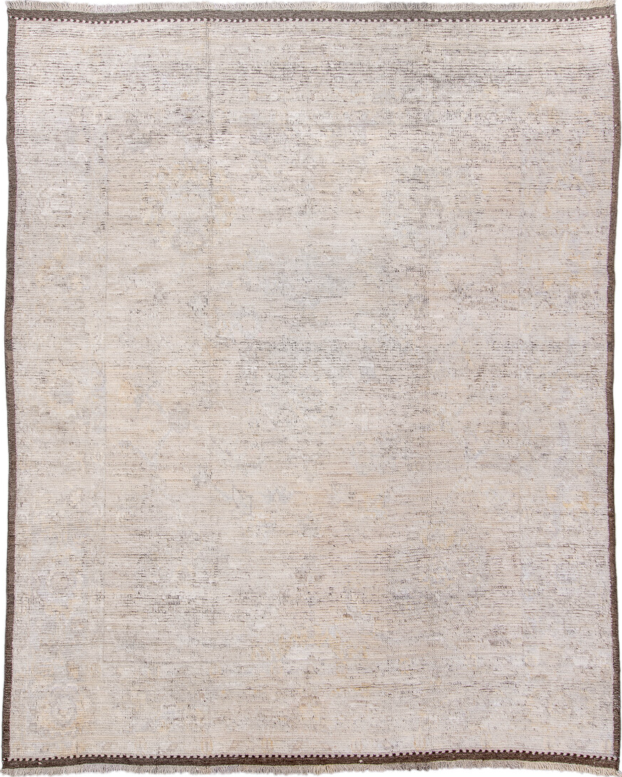 8' x 10' one-of-a-kind handmade vintage Tulu large size rug. Color palette: gray, light gray, off-white, pink, gainsboro
