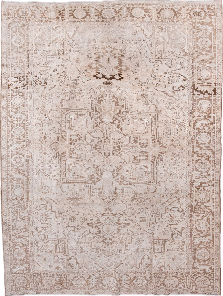 9' x 13' one-of-a-kind handmade vintage Heriz large size rug. Color palette: brown, gray, light gray, linen, off-white, pink