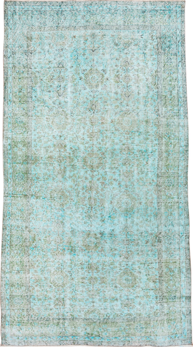 5' x 9' one-of-a-kind handmade vintage Overdyed medium size rug. Color palette: blue, gray, green, light blue, light gray