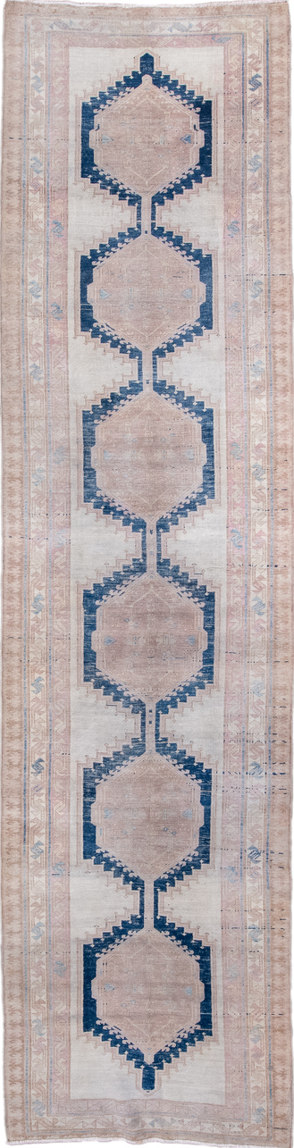 3' x 13' one-of-a-kind handmade vintage Meshkin runner rug. Color palette: blue, gray, light gray, off-white, pink, silver