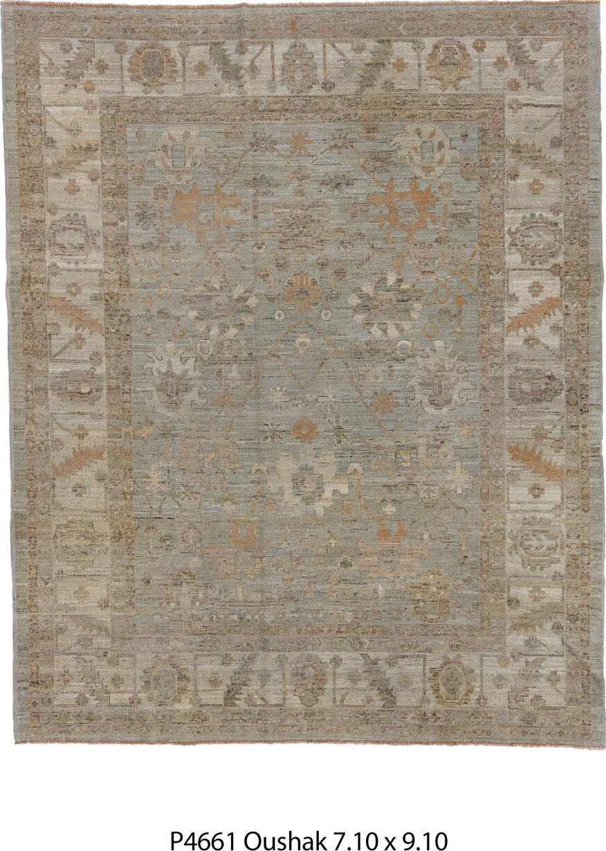 7' x 9' one-of-a-kind handmade vintage Oushak rug. Color palette: brown, gray, light gray, off-white