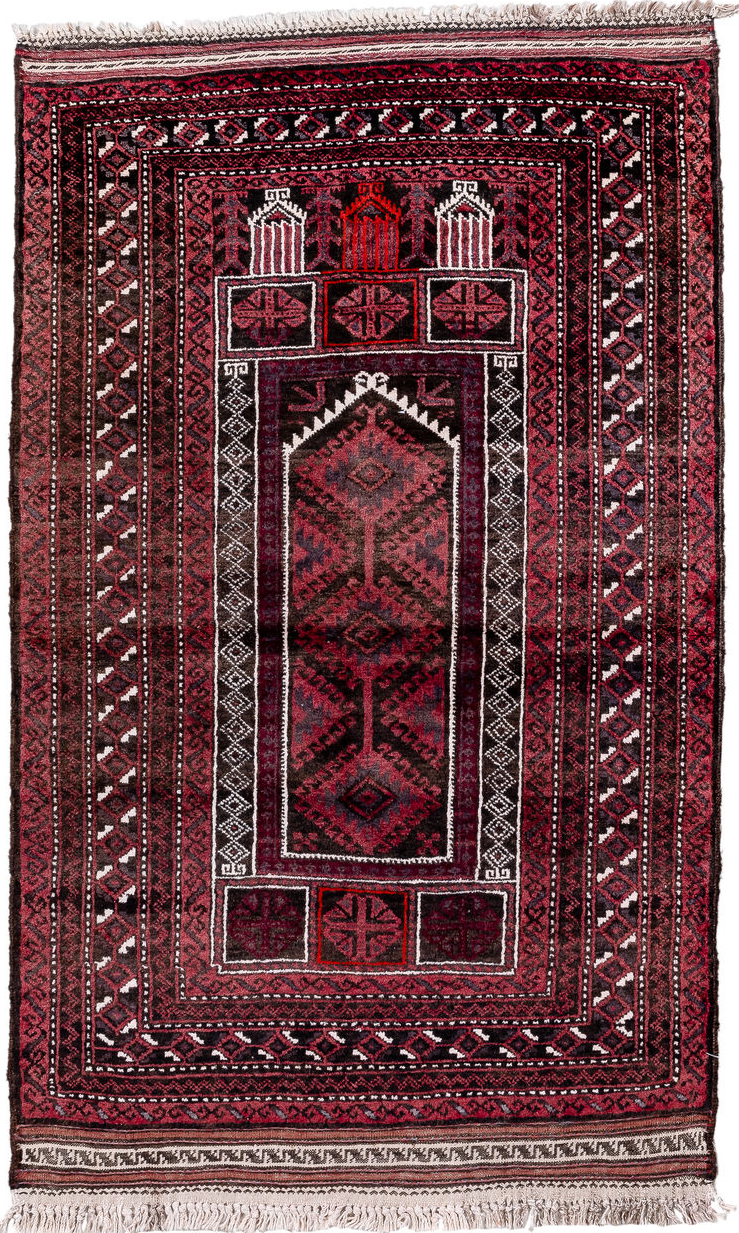 2' x 4' one-of-a-kind handmade vintage Belouch small size rug. Color palette: brown, burgundy, gray, light gray, misty rose