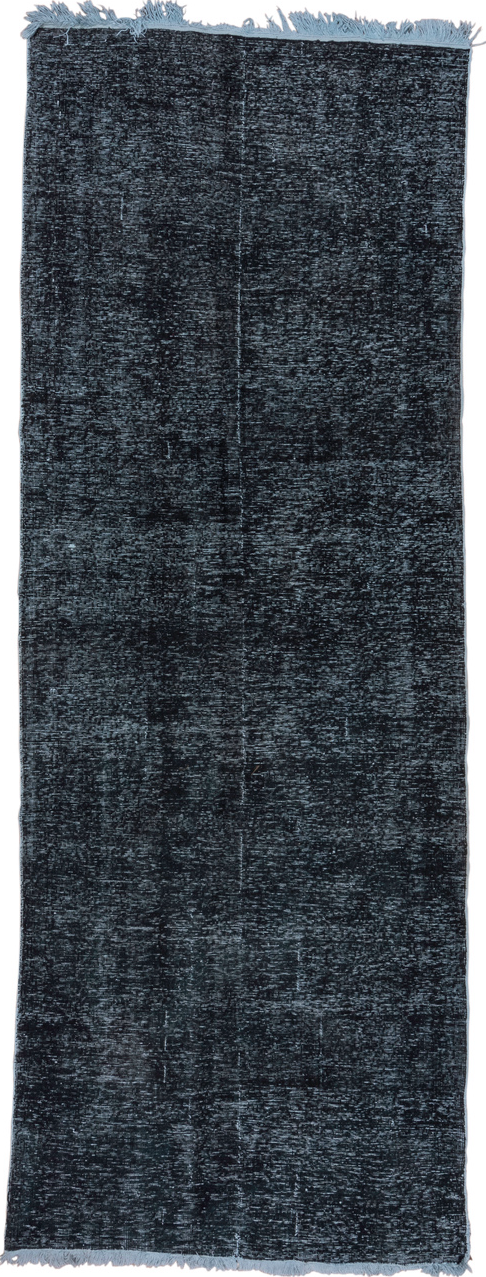 4' x 12' one-of-a-kind handmade vintage Overdyed runner rug. Color palette: black, blue, gray, light blue, light slate gray