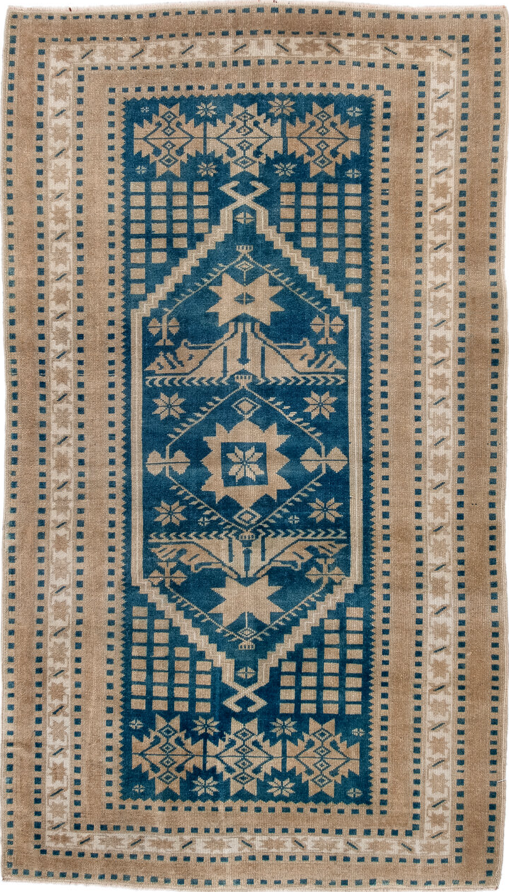 3' x 6' one-of-a-kind handmade vintage Anatol small size rug. Color palette: arapawa, blue, brown, gray, light gray