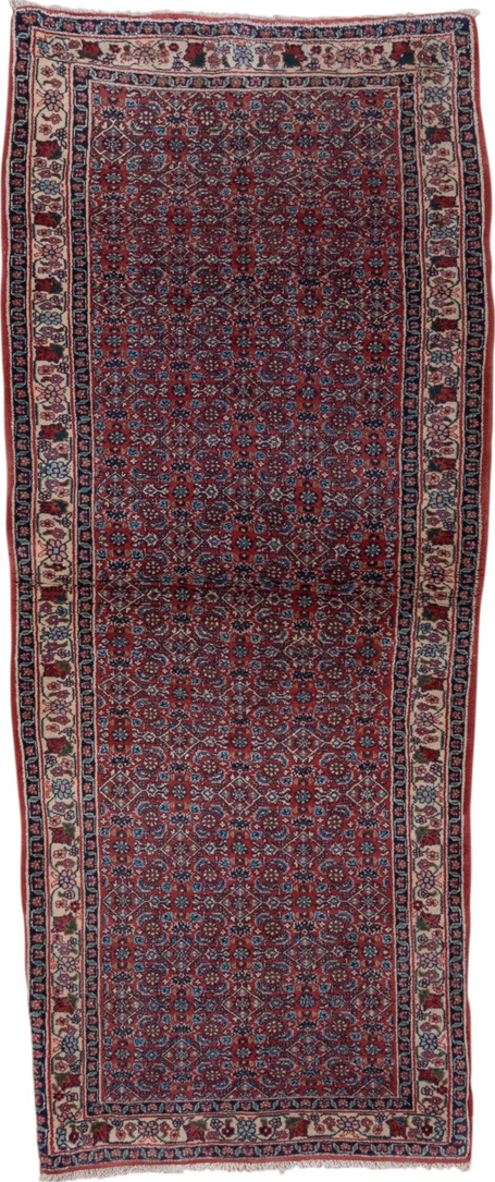 2' x 6' one-of-a-kind handmade vintage Bidjar runner rug. Color palette: brown, gray, pink, red