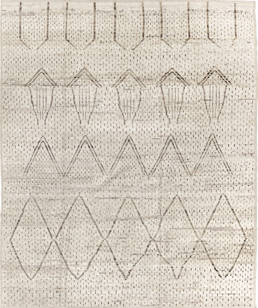 8' x 10' one-of-a-kind handmade vintage Tulu large size rug. Color palette: beige, black, brown, gray, light gray, linen