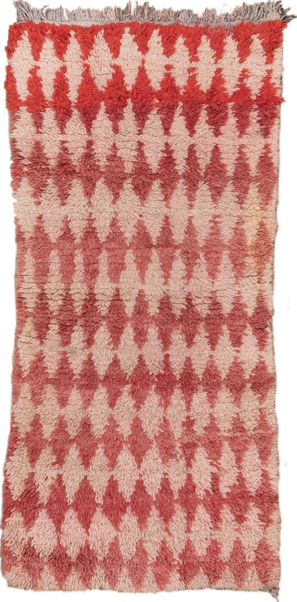 2' x 5' one-of-a-kind handmade vintage Moroccan small size rug. Color palette: brown, gray, orange, pink, red, redwood