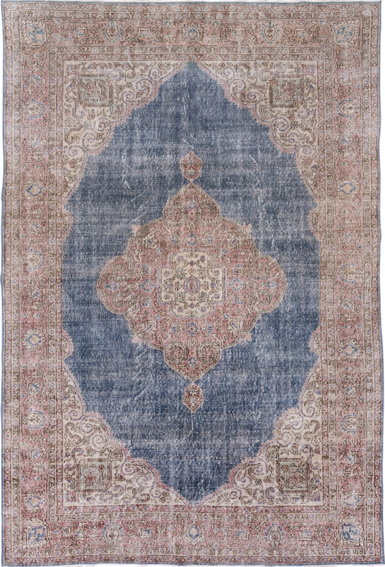 7' x 10' one-of-a-kind handmade vintage Oushak large size rug. Color palette: blue, brown, gray, light blue, light gray