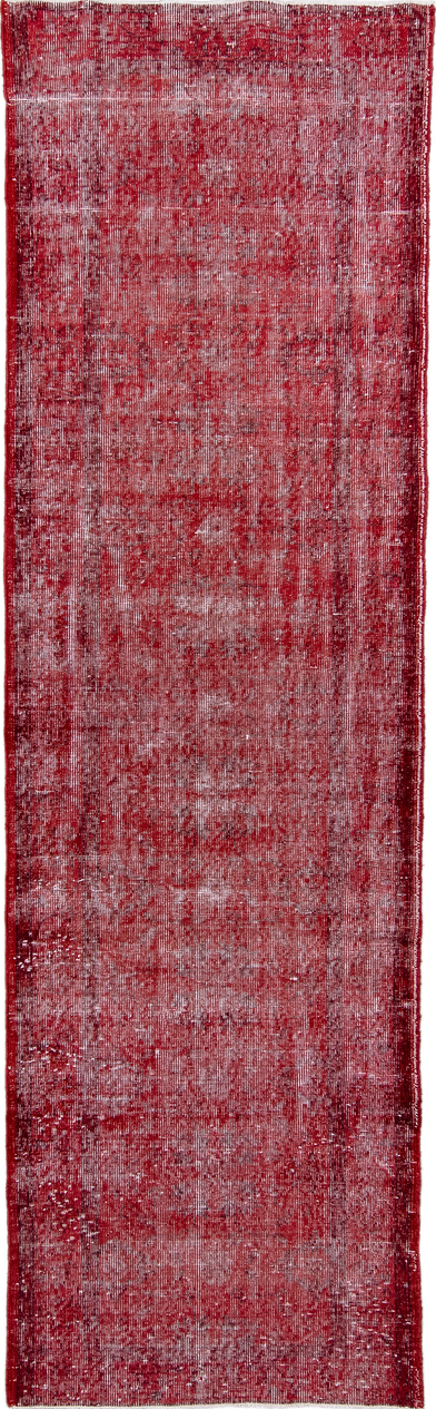 3' x 10' one-of-a-kind handmade vintage Overdyed runner rug. Color palette: brown, off-white, orange, pink, red, wine