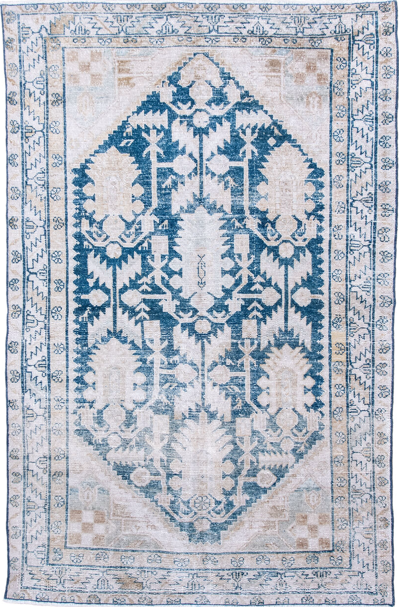 4' x 6' one-of-a-kind handmade vintage Hamadan small size rug. Color palette: blue, fiord, gainsboro, gray, light blue