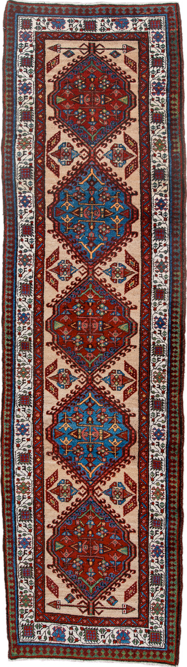 3' x 10' one-of-a-kind handmade vintage Sarab runner rug. Color palette: blue, brown, dark red, fiord, gainsboro, gray