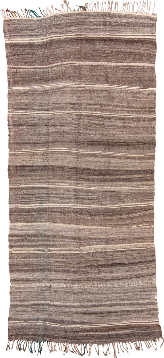 4' x 10' one-of-a-kind handmade vintage Blanket runner rug. Color palette: brown, gray, light gray, off-white, pink