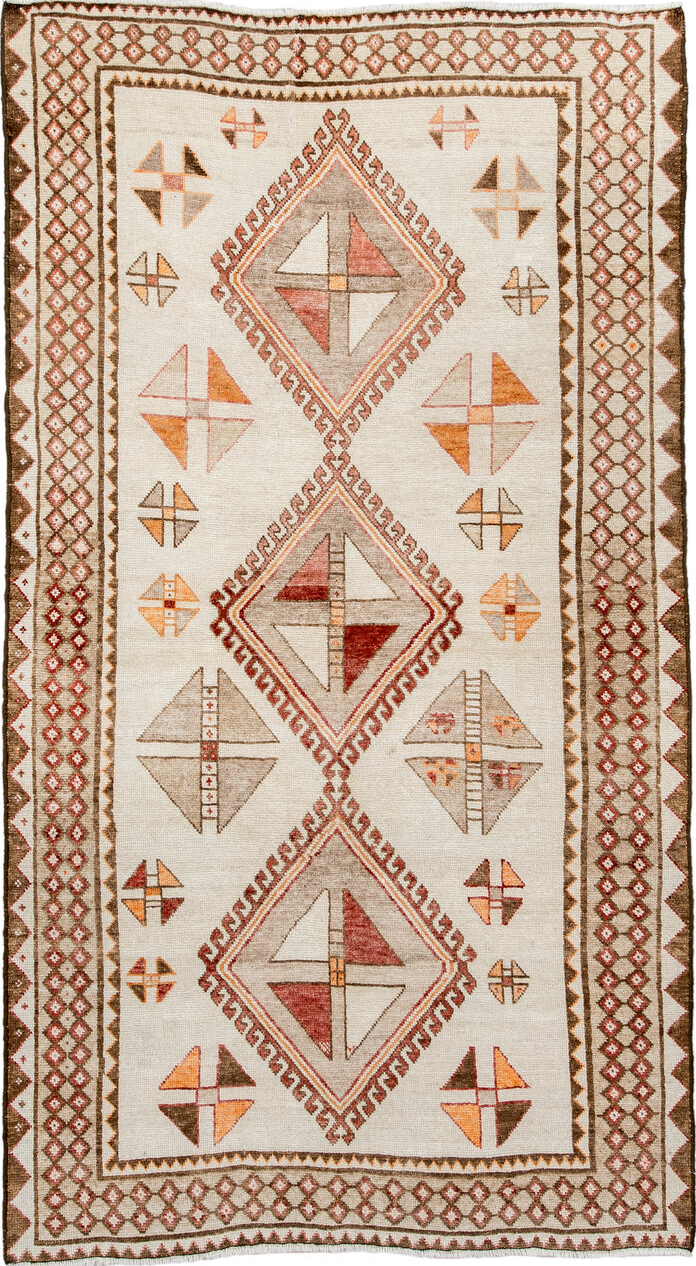 3' x 6' one-of-a-kind handmade vintage Gabbe small size rug. Color palette: antiquewhite, beige, brown, gray, light gray