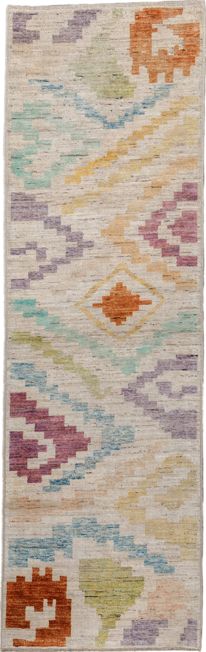 3' x 9' one-of-a-kind handmade vintage Tulu runner rug. Color palette: blue, brown, gray, light gray, off-white, pink