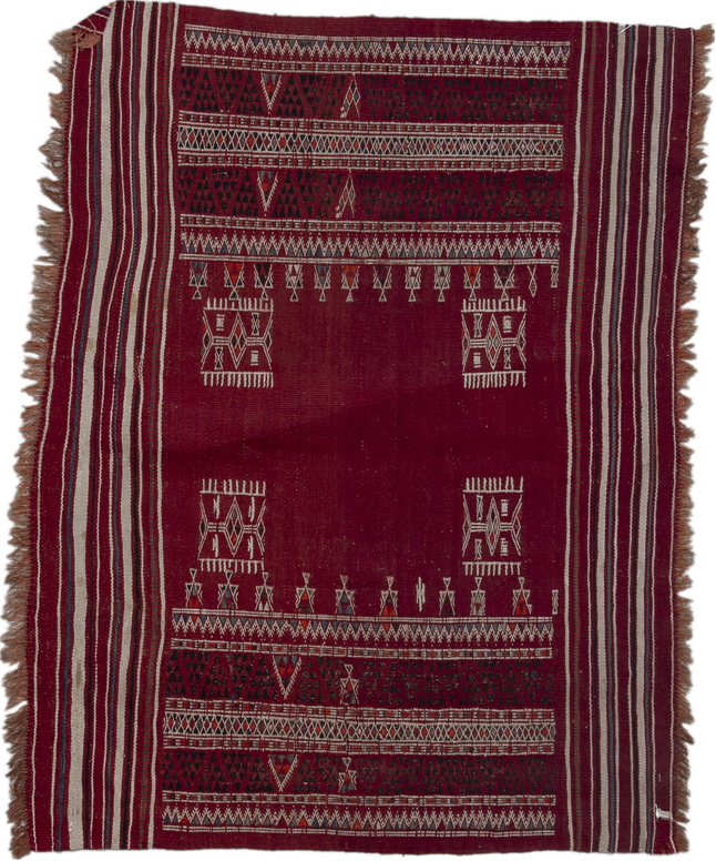 3' x 3' one-of-a-kind handmade vintage Kilim small size rug. Color palette: brown, gray, pink, red