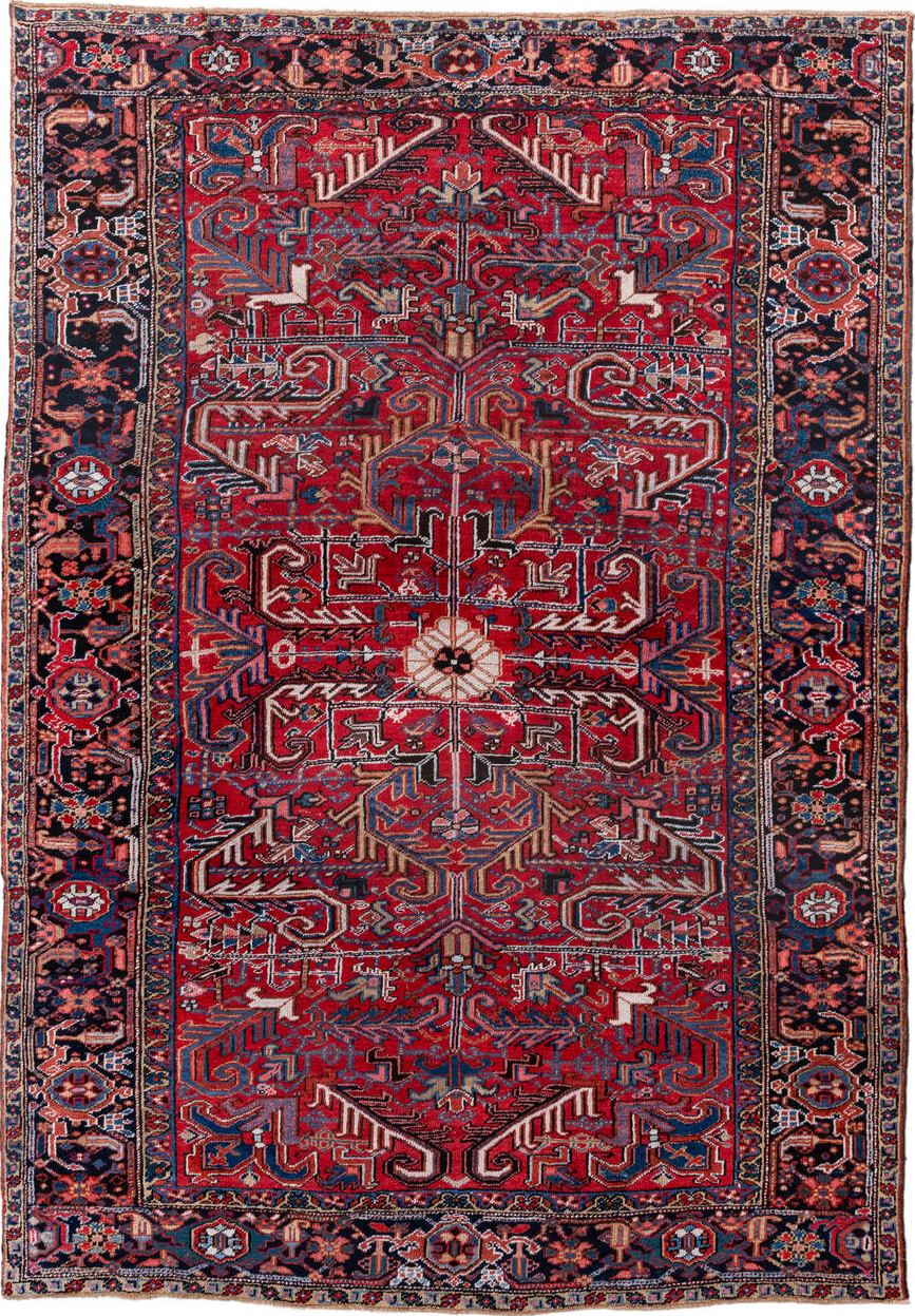 7' x 10' one-of-a-kind handmade vintage Heriz large size rug. Color palette: black, blue, brown, dark gray, fiord, gray