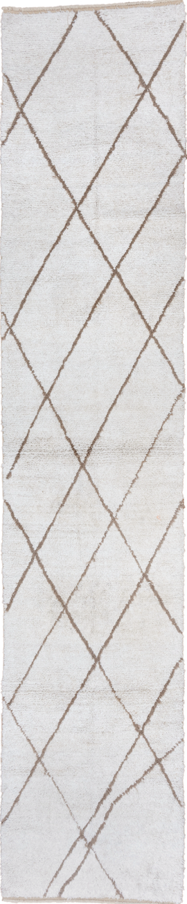 3' x 14' one-of-a-kind handmade vintage Moroccan runner rug. Color palette: gainsboro, gray, light gray, off-white, pink