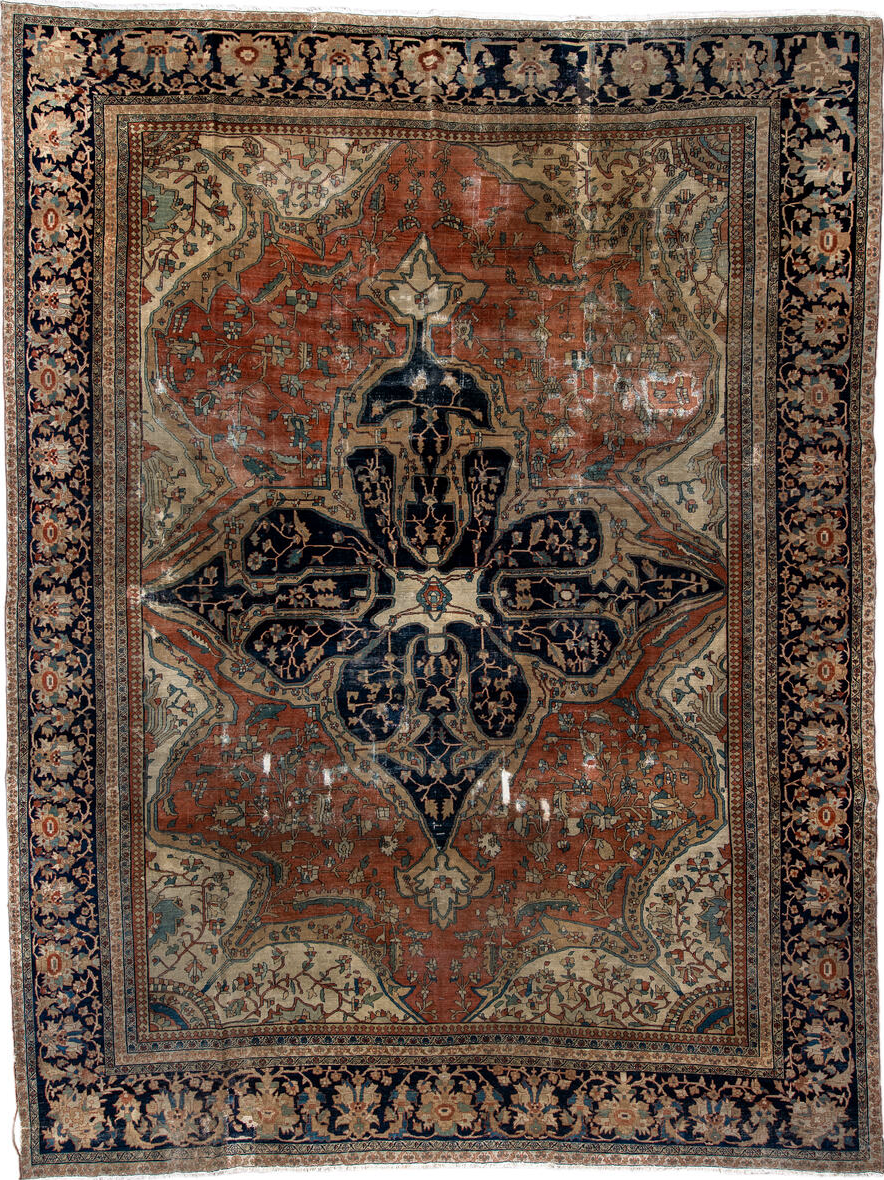 9' x 13' one-of-a-kind handmade vintage Far.Sarouk large size rug. Color palette: black, blue, brown, dark gray, gainsboro