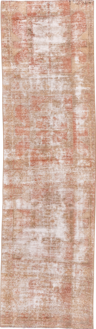2' x 9' one-of-a-kind handmade vintage Oushak runner rug. Color palette: pink, off-white, brown, light gray, gray, orange