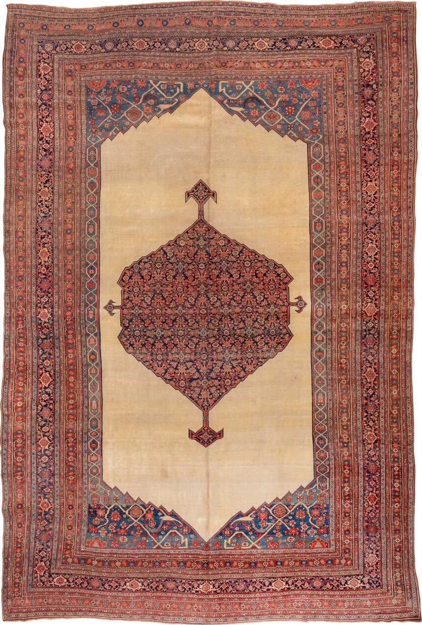 11' x 17' one-of-a-kind handmade vintage Bidjar oversize rug. Color palette: blue, brown, dim gray, fiord, fire brick, gray