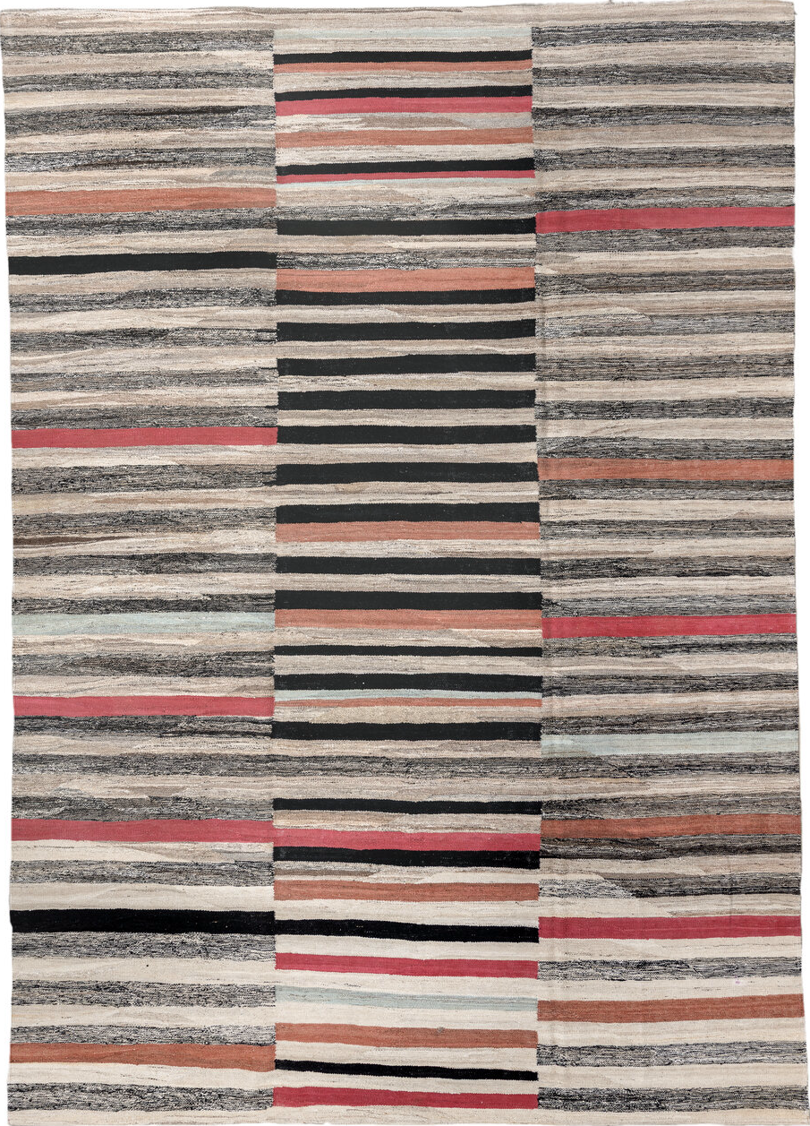 8' x 12' one-of-a-kind handmade vintage Kilim large size rug. Color palette: black, brown, charcoal, dark gray, gray