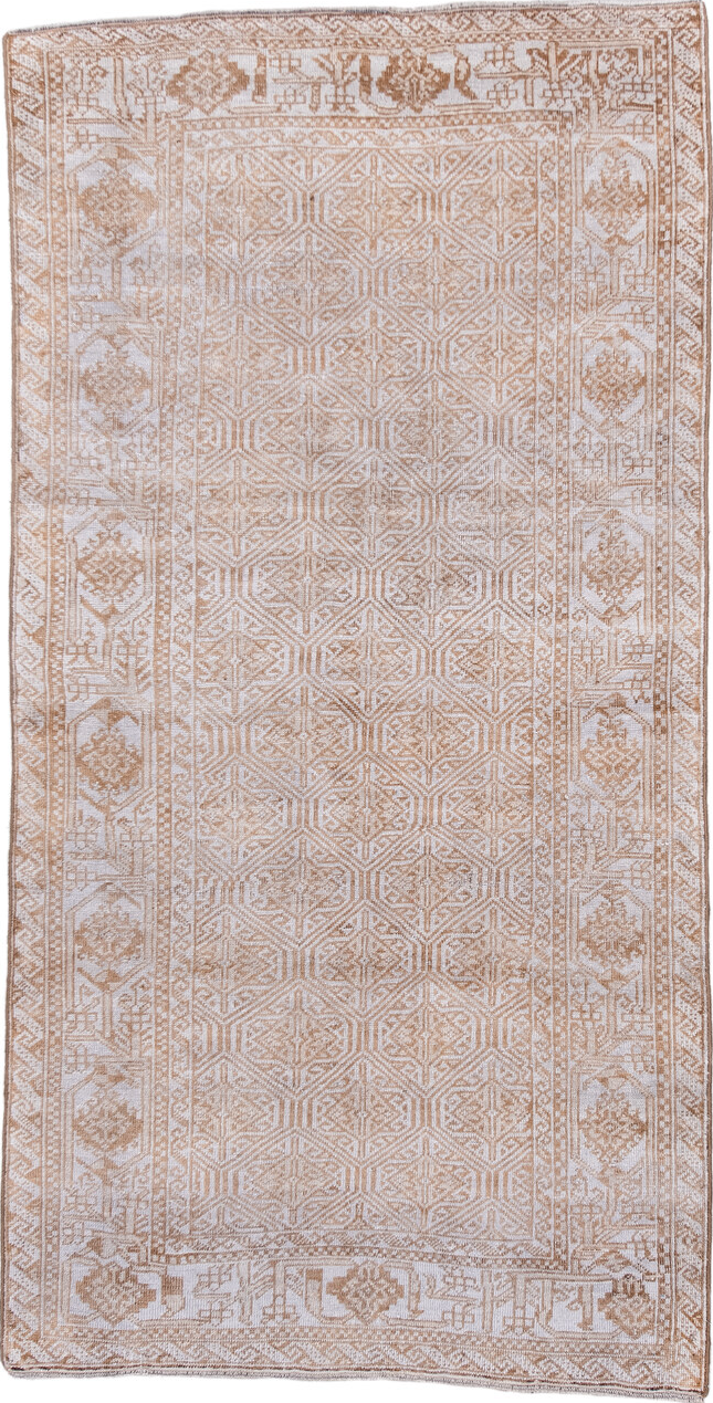 3' x 7' one-of-a-kind handmade vintage Belouch rug. Color palette: brown, gainsboro, gray, light gray, off-white, pink