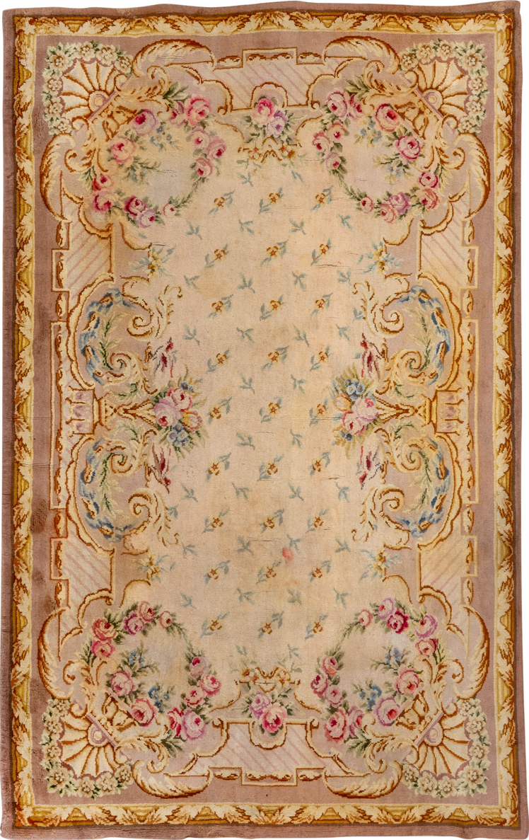 6' x 10' one-of-a-kind handmade vintage Savonnerie large size rug. Color palette: brown, burlywood, off-white, orange, red