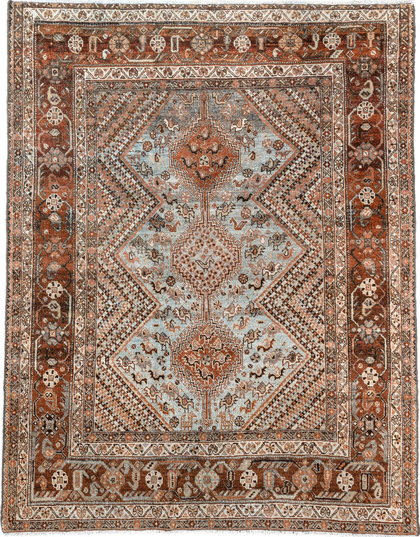 4' x 5' one-of-a-kind handmade vintage Afshar small size rug. Color palette: brown, floral white, gainsboro, gray