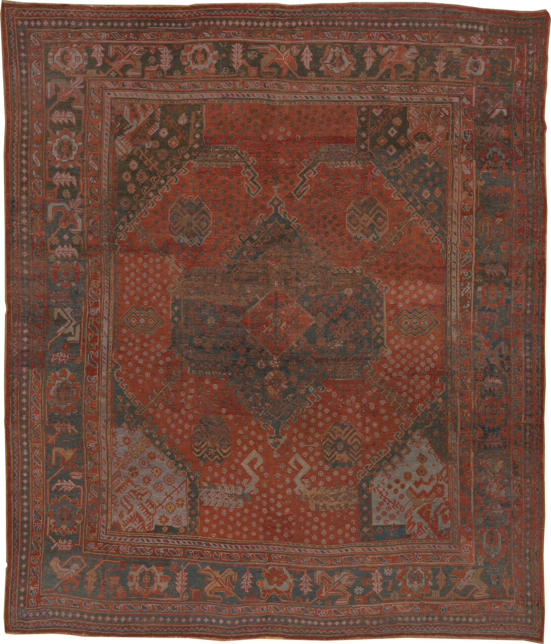 12' x 14' one-of-a-kind handmade vintage Oushak oversize rug. Color palette: black, brown, charcoal, gray, light gray, pink