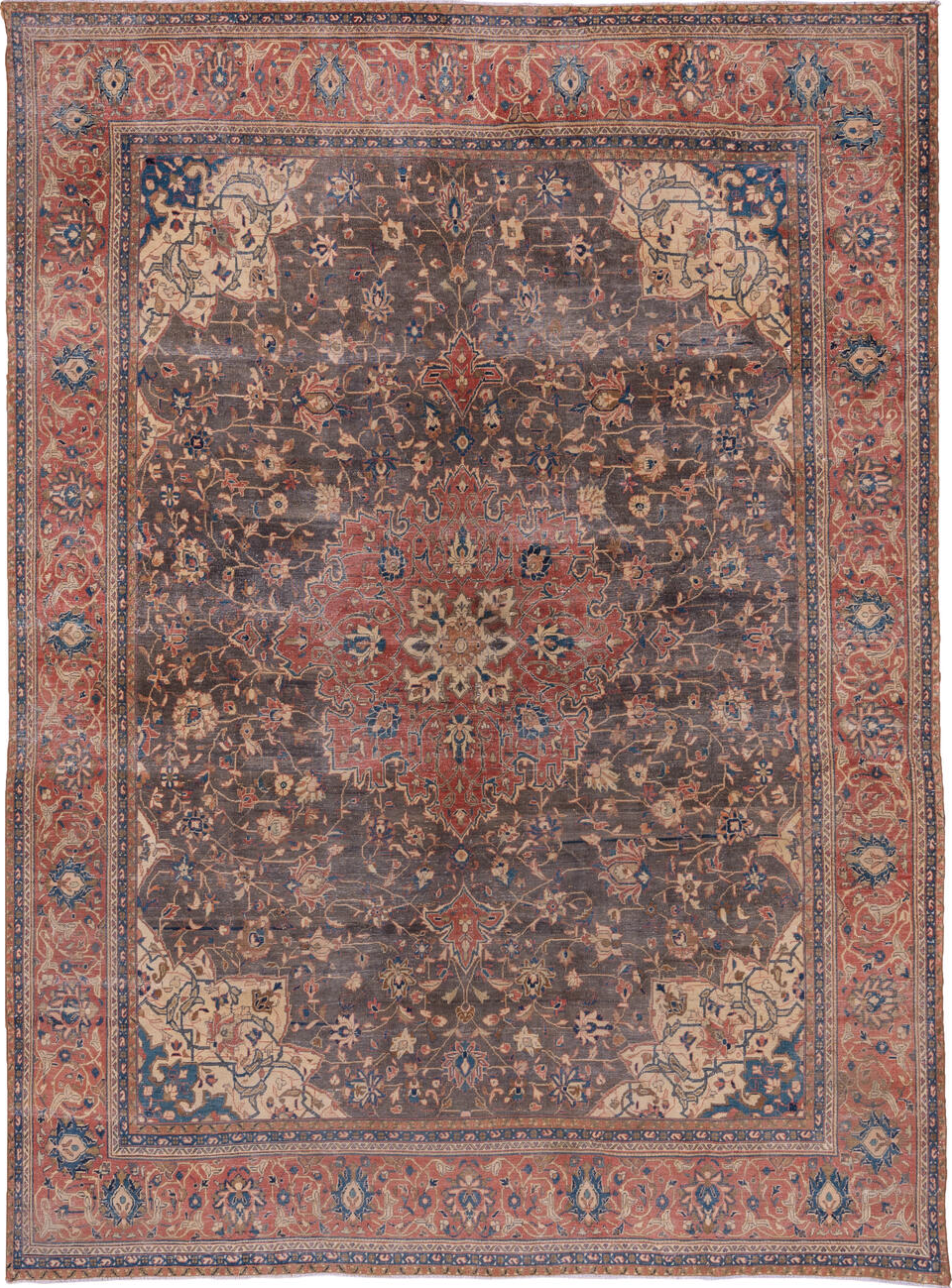 8' x 12' one-of-a-kind handmade vintage Kashan large size rug. Color palette: black, blue, brown, fiord, gray, pink, red