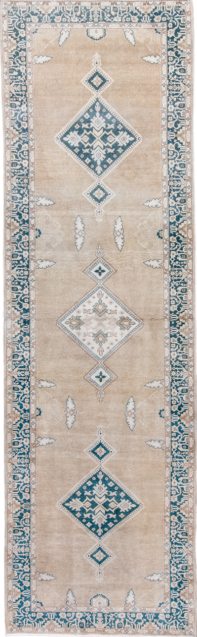 4' x 13' one-of-a-kind handmade vintage Sivas runner rug. Color palette: arapawa, blue, brown, gainsboro, gray, light gray