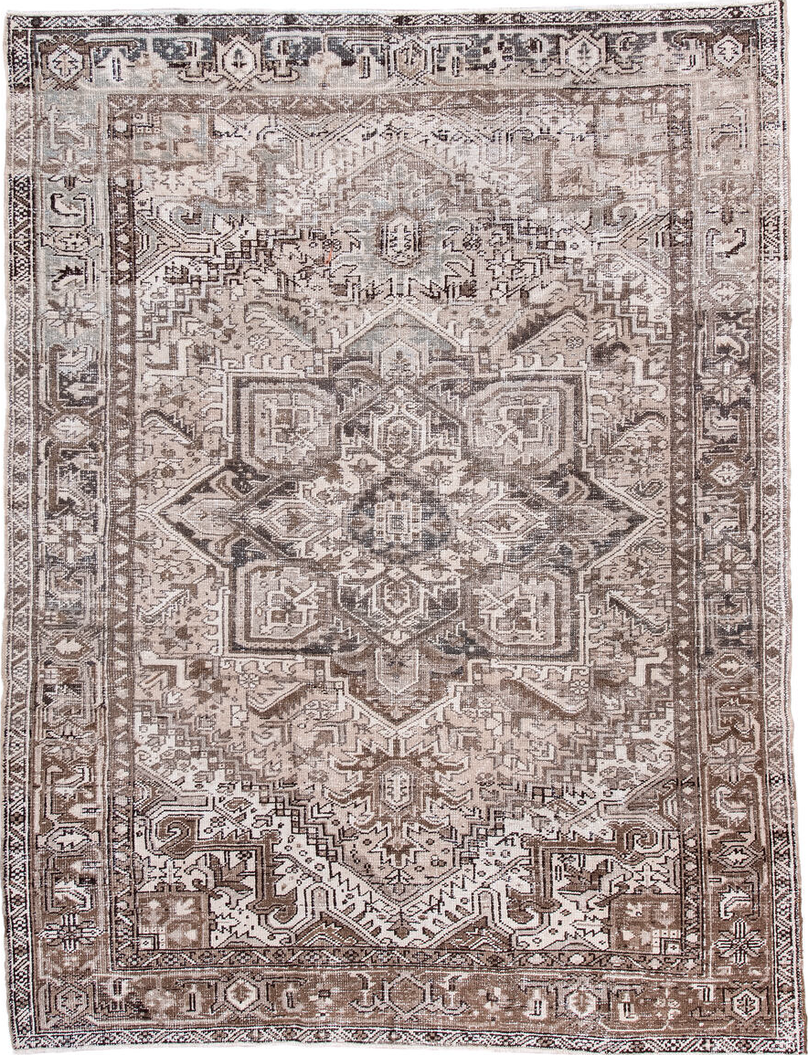 6' x 8' one-of-a-kind handmade vintage Heriz medium size rug. Color palette: black, brown, gainsboro, gray, light gray