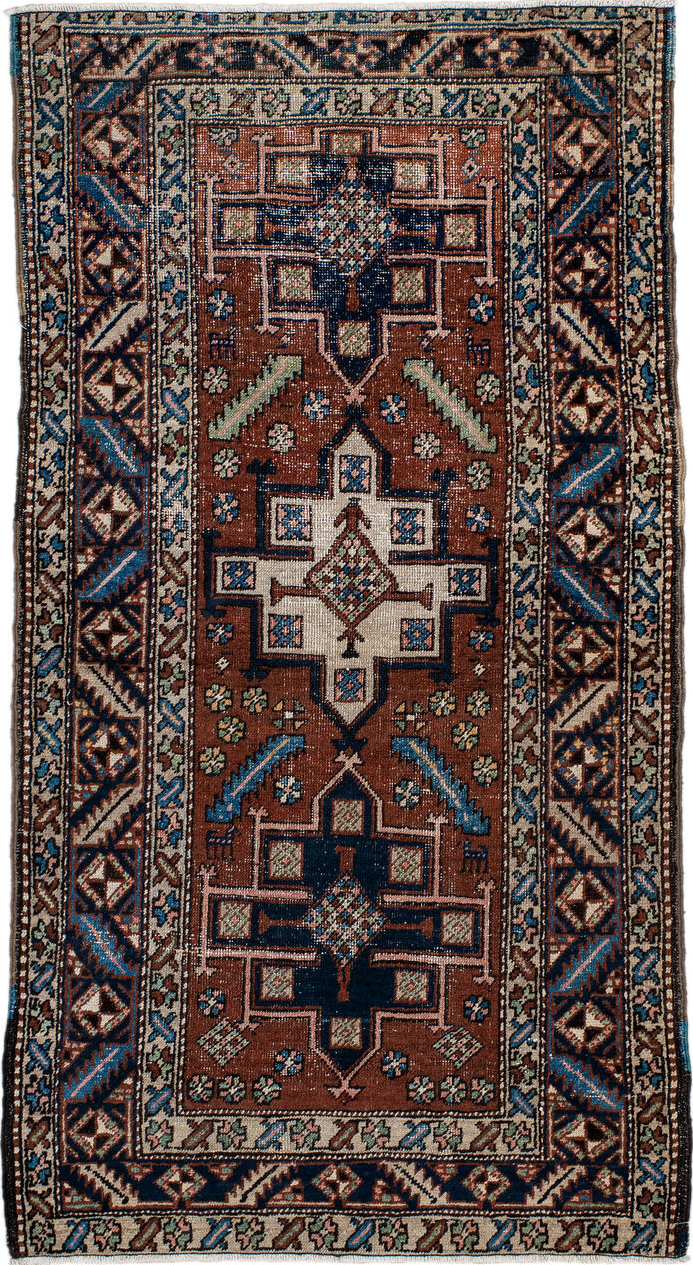 3' x 5' one-of-a-kind handmade vintage Heriz small size rug. Color palette: arapawa, blue, brown, fiord, gray, light gray