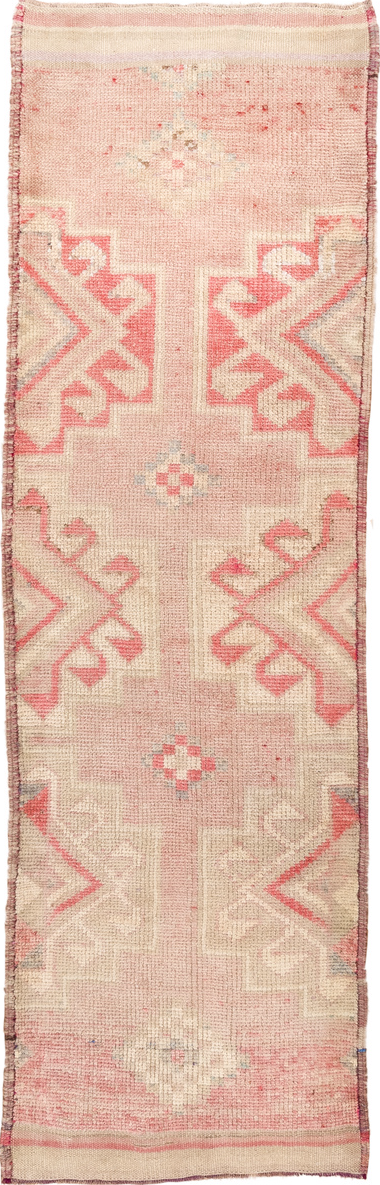 3' x 10' one-of-a-kind handmade vintage Kars runner rug. Color palette: antiquewhite, brown, off-white, orange, pink, red