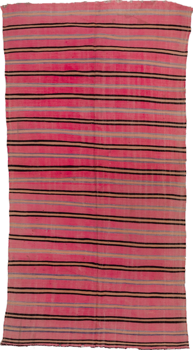 5' x 10' one-of-a-kind handmade vintage Blanket medium size rug. Color palette: brown, pink, red