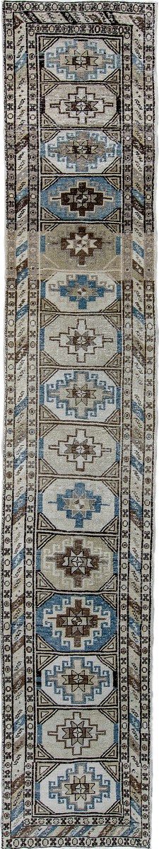 2' x 14' one-of-a-kind handmade vintage Meshkin runner rug. Color palette: black, blue, dark gray, gray, light blue