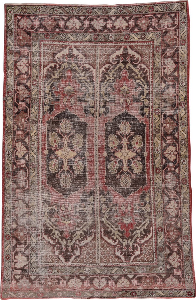 4' x 7' one-of-a-kind handmade vintage Oushak rug. Color palette: brown, gray, light gray, pink, red, redwood