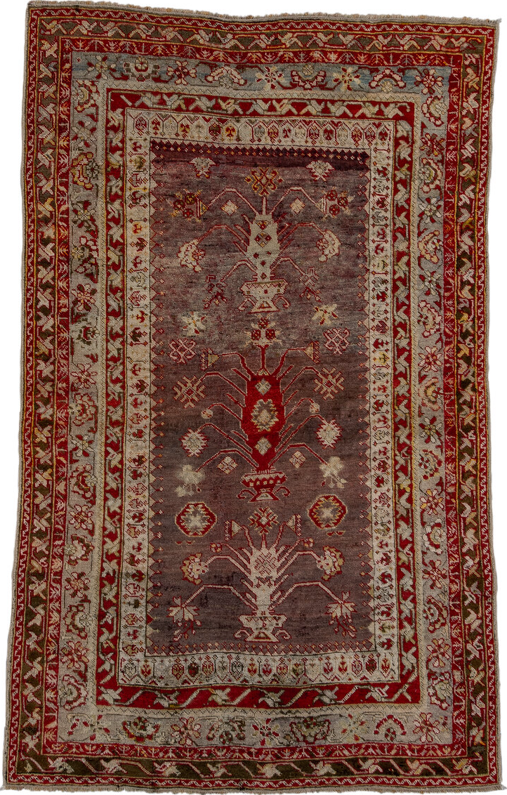 4' x 5' one-of-a-kind handmade vintage Anatol small size rug. Color palette: brown, gray, light gray, off-white, orange