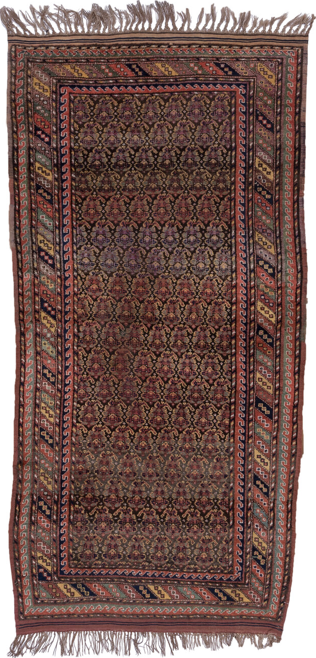 4' x 9' one-of-a-kind handmade vintage Kurd rug. Color palette: brown, dark gray, gray, light gray, off-white, pink, red