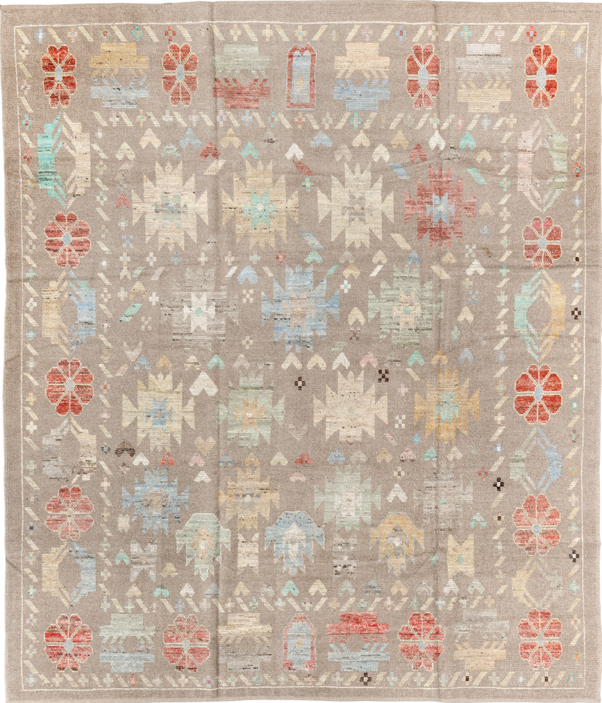 8' x 10' one-of-a-kind handmade vintage Tulu large size rug. Color palette: black, blue, brown, gray, light blue, light gray