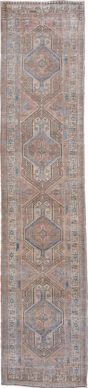 3' x 14' one-of-a-kind handmade vintage Sarab runner rug. Color palette: dim gray, gray, light blue, light gray, off-white