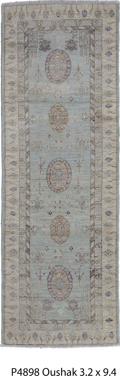 3' x 9' one-of-a-kind handmade vintage Oushak runner rug. Color palette: blue, dark gray, dim gray, gray, light gray, silver