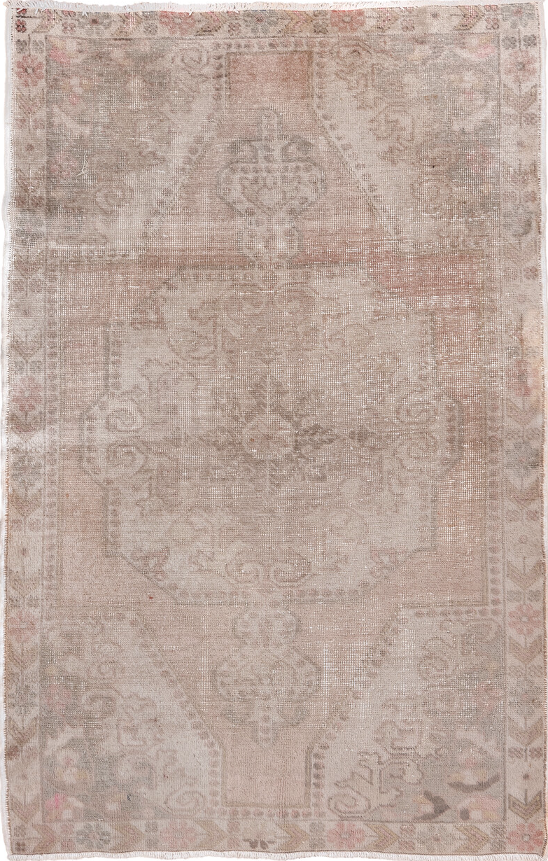 4' x 7' one-of-a-kind handmade vintage Oushak rug. Color palette: brown, gray, light gray, off-white, pink