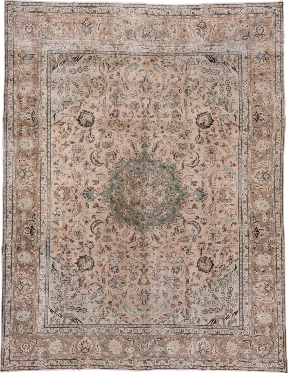 9' x 12' one-of-a-kind handmade vintage Tabriz large size rug. Color palette: brown, gray, light gray, off-white, pink