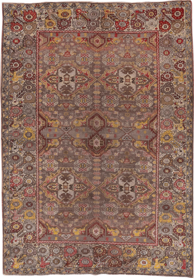 4' x 6' one-of-a-kind handmade vintage Oushak small size rug. Color palette: brown, gray, light gray, off-white, pink, red
