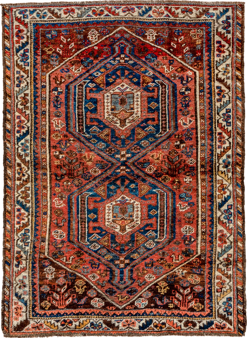 3' x 4' one-of-a-kind handmade vintage Shiraz small size rug. Color palette: antiquewhite, blue, brown, dark red, dim gray