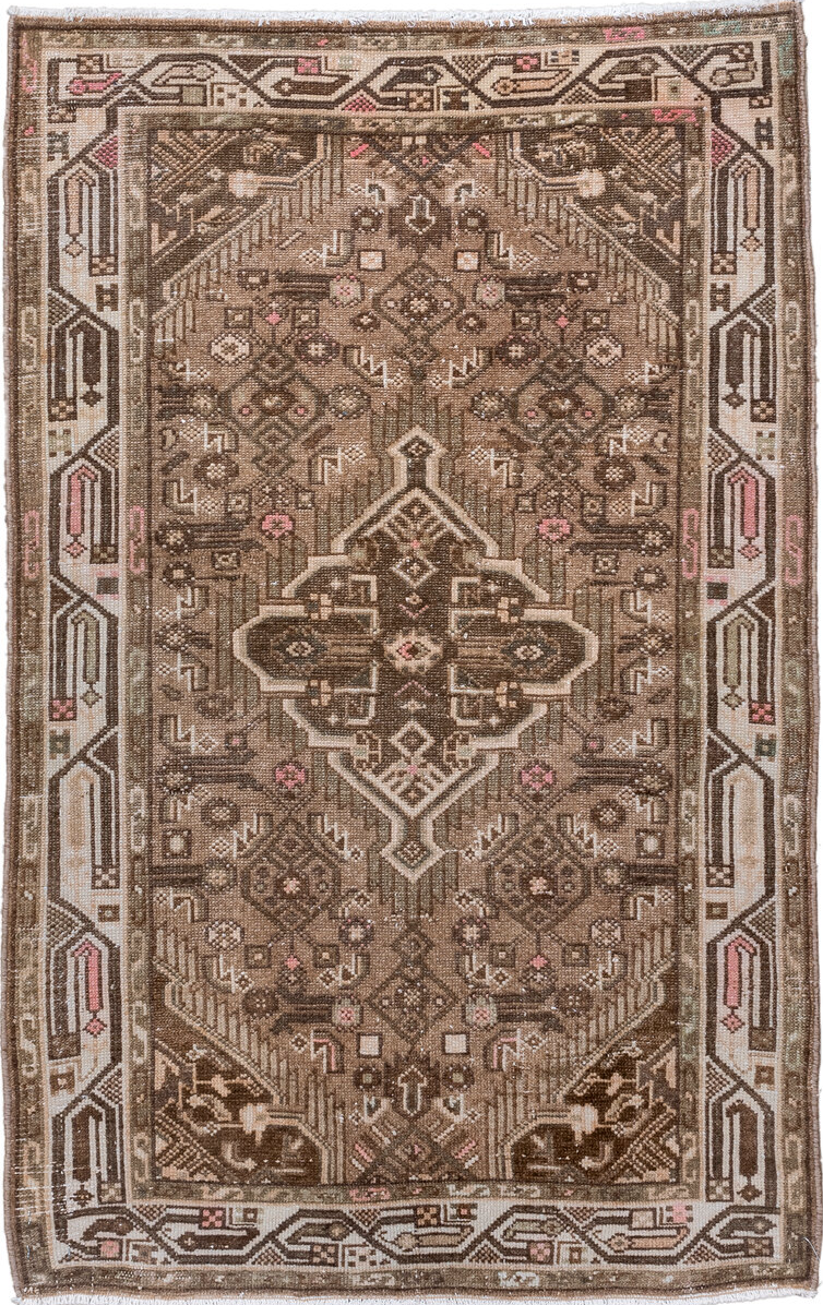 2' x 3' one-of-a-kind handmade vintage Hamadan small size rug. Color palette: brown, gainsboro, gray, light gray, off-white