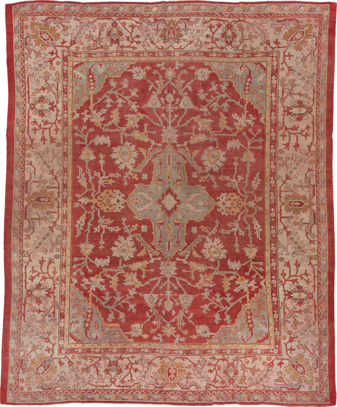 11' x 13' one-of-a-kind handmade vintage Oushak oversize rug. Color palette: brown, orange, pink, red, redwood